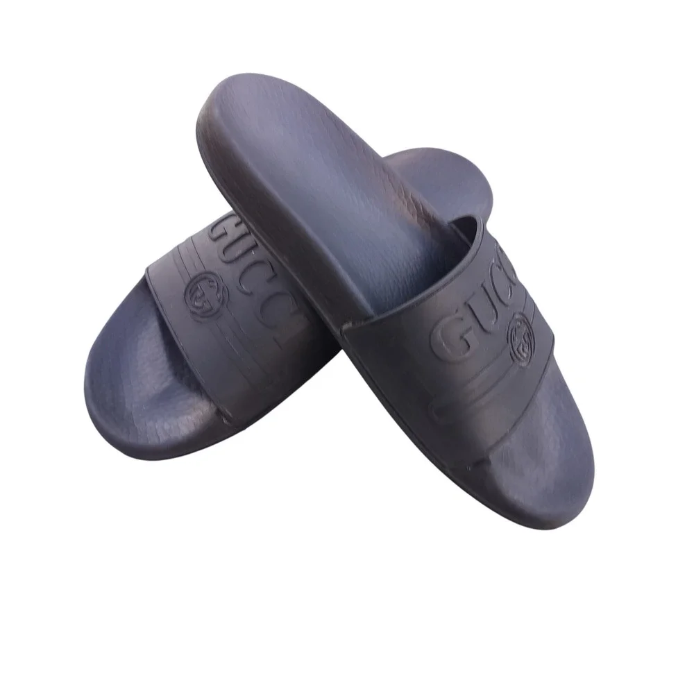 Gucci Rubber Logo Slides Sandals Dark Grey Interlocking G Made in Italy 12